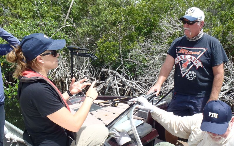 An FCE researcher talking to talking to an Everglades angler in the Shark River Estuary